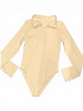 OQQ Cream Beige Ribbed Half Zip Bodysuit XL Long Sleeve Seamless Ivory